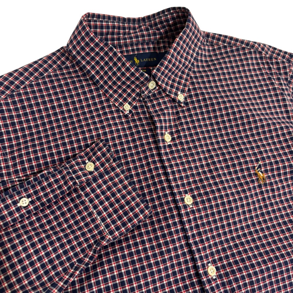 Ralph Lauren Button Down Shirt Mens L Navy Plaid Cotton Long Sleeve Brown Pony